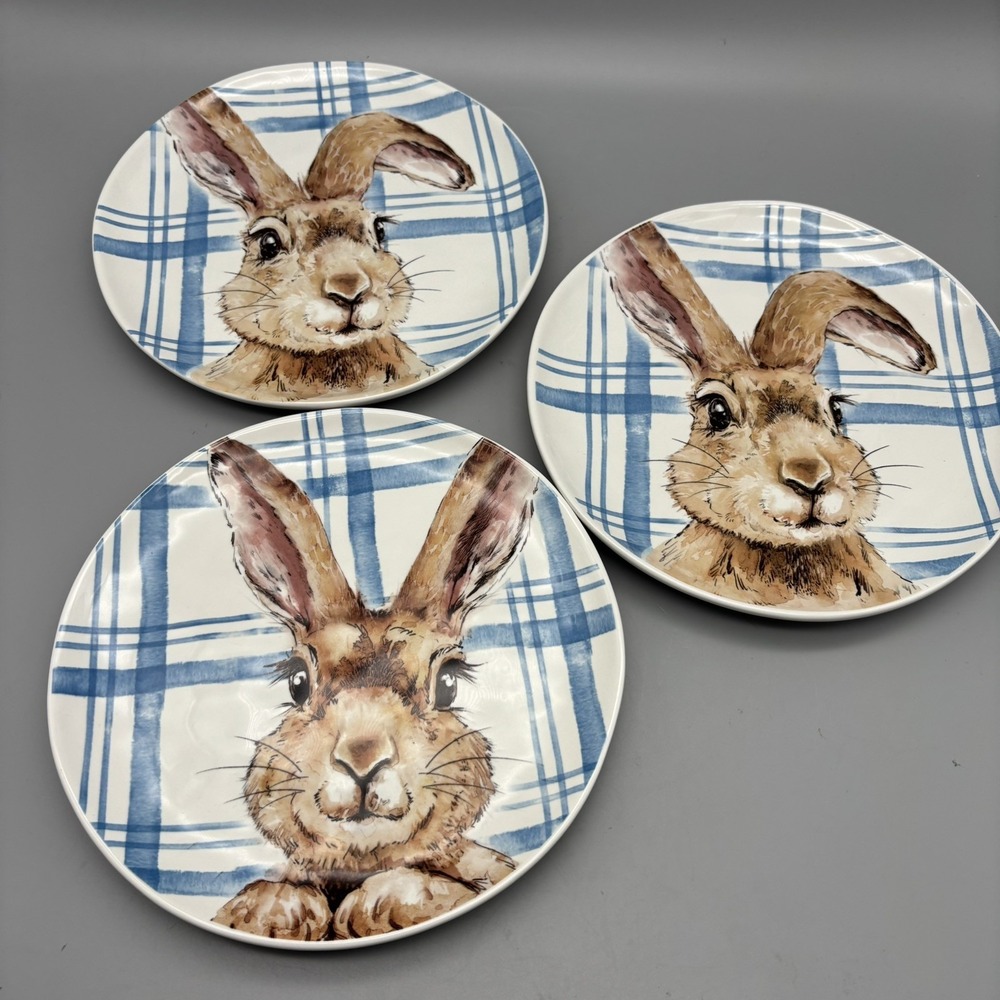 HENRY BUNNY Set of 3 Salad Plates 8.75" Pier 1 Imports Blue Plaid Easter Spring